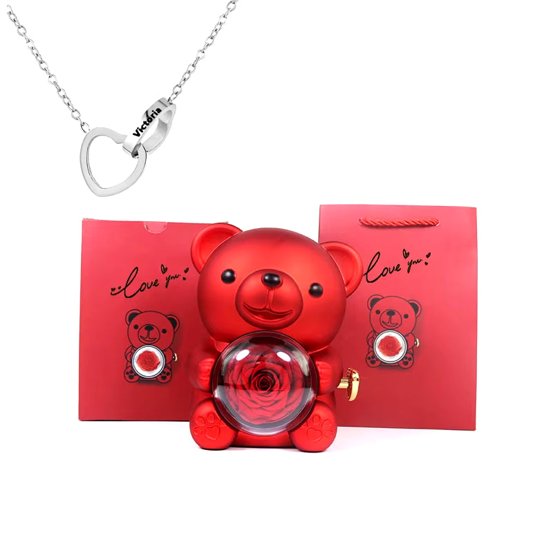 2024 Heart Engraved Name Necklace and Rotating Eternal Rose Flower Hug Bear Jewelry Box Lovely Bear for Girl/Women
