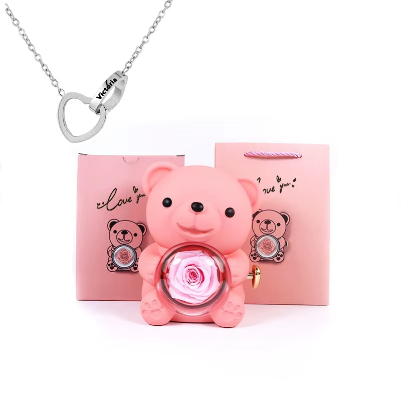 2024 Heart Engraved Name Necklace and Rotating Eternal Rose Flower Hug Bear Jewelry Box Lovely Bear for Girl/Women