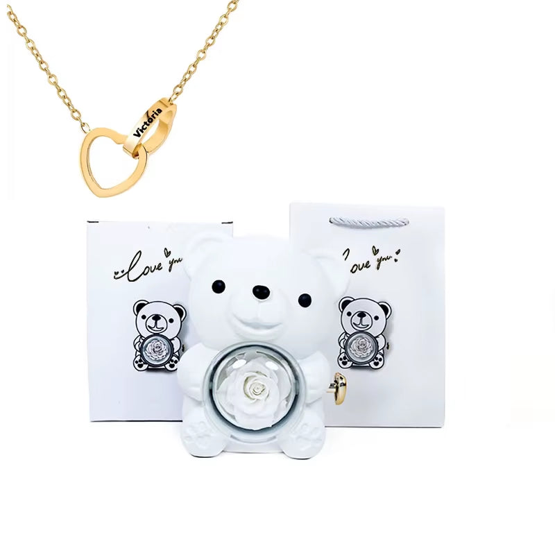 2024 Heart Engraved Name Necklace and Rotating Eternal Rose Flower Hug Bear Jewelry Box Lovely Bear for Girl/Women