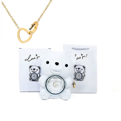 2024 Heart Engraved Name Necklace and Rotating Eternal Rose Flower Hug Bear Jewelry Box Lovely Bear for Girl/Women